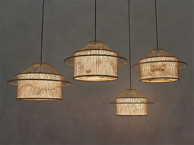 Handwoven Bamboo Pendant Lights with Hat Shaped Design on Gray Background 3d model