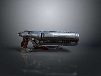 Futuristic Sci Fi Weapon Metallic Pistol Featuring Red Grip And Detailed Design 3d model