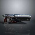 Futuristic Sci Fi Weapon Metallic Pistol Featuring Red Grip And Detailed Design