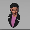 Stylized 3D Character Portrait With Black Hair Purple Streaks Black Coat And Pink Shirt
