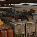 Outdoor Gathering Area With Tent Canopies Picnic Tables Storage Boxes And String Lights On Sand
