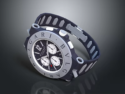 BVLGARI Chronograph Watch With Black Dial White Markers And Blue Perforated Strap 3d model