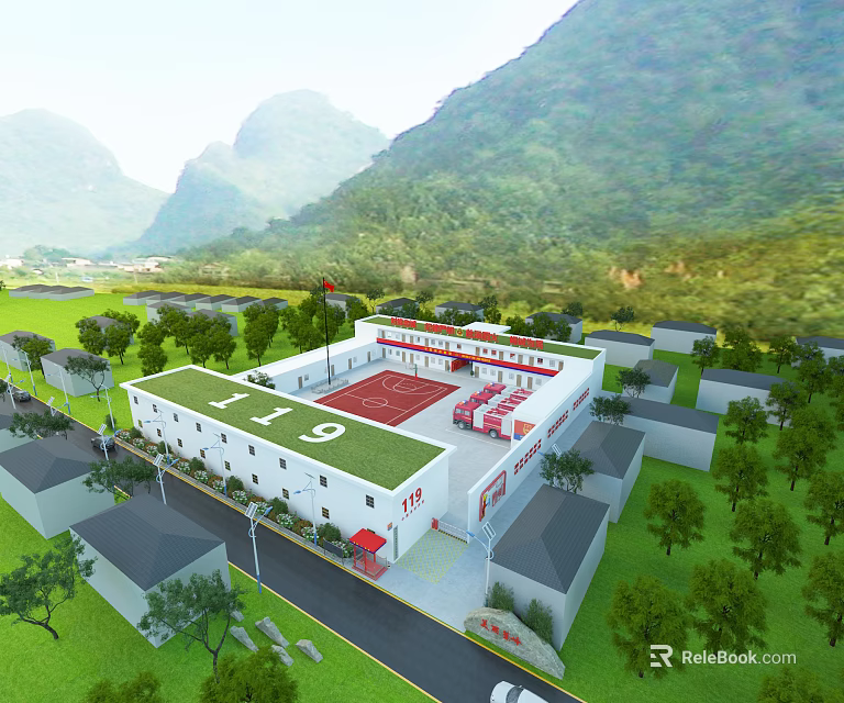 Industrial Factory With Red And White Exterior In Mountainous Green Landscape 3d model 