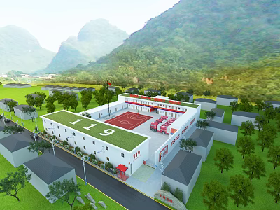 Industrial Factory With Red And White Exterior In Mountainous Green Landscape 3d model