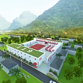 Industrial Factory With Red And White Exterior In Mountainous Green Landscape