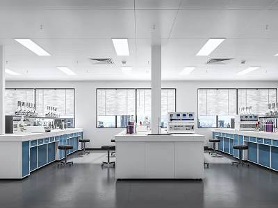 Modern Laboratory Interior With White Blue Workstations Windows And Scientific Equipment 3d model
