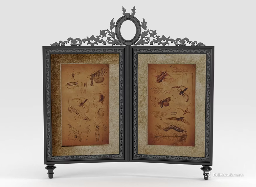 Decorative Cabinet With Double Doors Black Carved Frame Ornate Top Hand Painted Insect Bird Motifs 3d model 