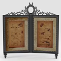 Decorative Cabinet With Double Doors Black Carved Frame Ornate Top Hand Painted Insect Bird Motifs
