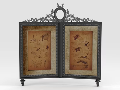 Decorative Cabinet With Double Doors Black Carved Frame Ornate Top Hand Painted Insect Bird Motifs 3d model