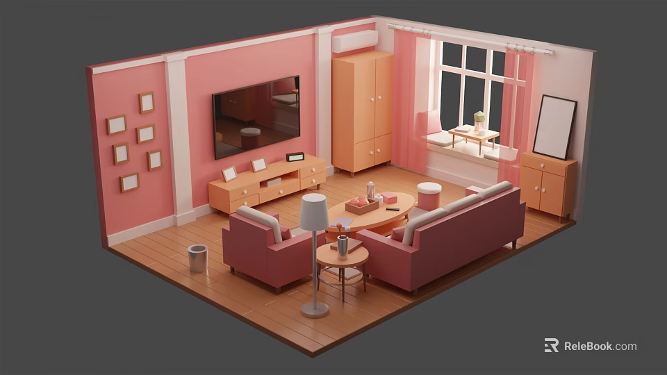 Cartoon Style Living Room With Pink Walls Wooden Flooring Sofa And TV Stand 3d model 