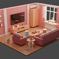 Cartoon Style Living Room With Pink Walls Wooden Flooring Sofa And TV Stand