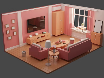 Cartoon Style Living Room With Pink Walls Wooden Flooring Sofa And TV Stand 3d model
