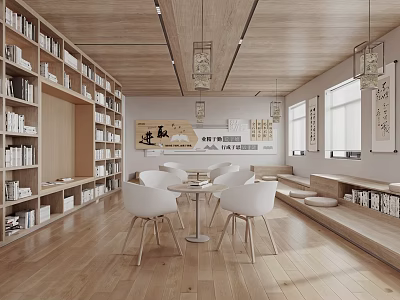 Modern Book Art Space With Wooden Shelves And Seating 3d model