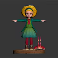 Curly Yellow Hair Girl In Green Coat And Dress With Small Red Spiked Tentacled Creature