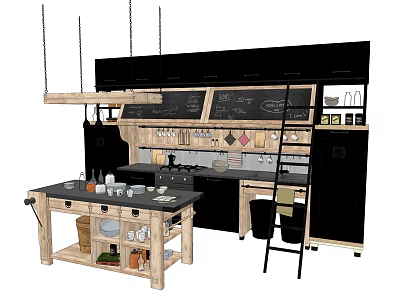 Modern Black Kitchen Cabinets With Wooden Island Chalkboard And Storage Ladder 3d model
