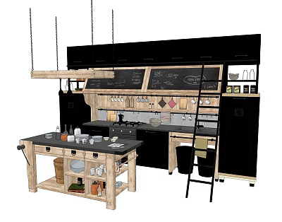 Modern Black Kitchen Cabinets With Wooden Island Chalkboard And Storage Ladder 3d model