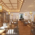 Traditional Tea House Interior With Wooden Furniture Hanging Lanterns And Large Windows