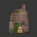 Brick Oven Scene With Counter Pink Cake White Plates Wood Logs Broom And Green Moss