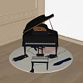 Elegant Piano Room with Black Grand Piano Open Lid Small Bench and Round Abstract Rug