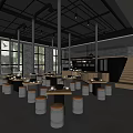 Industrial Style Hotpot Restaurant Interior With Open Kitchen Large Windows And Metal Tables Stools