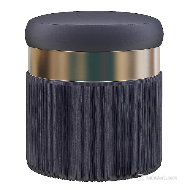 Dark Blue Sofa Stool With Round Padded Seat Golden Accent Band And Pleated Fabric 3d model 