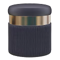 Dark Blue Sofa Stool With Round Padded Seat Golden Accent Band And Pleated Fabric