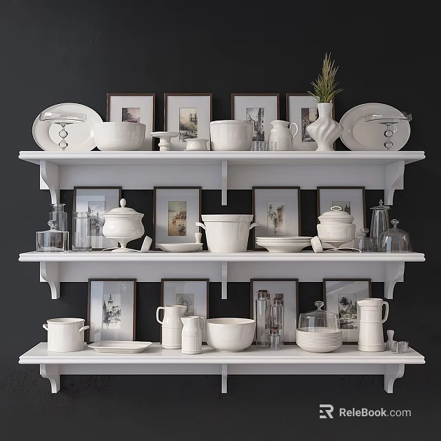 Stylish White Dinnerware Set Displayed on White Shelves with Picture Frames and Potted Plant 3d model 