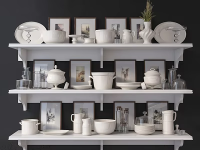 Stylish White Dinnerware Set Displayed on White Shelves with Picture Frames and Potted Plant 3d model