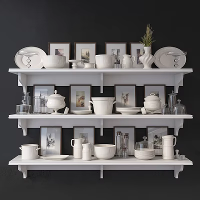 Stylish White Dinnerware Set Displayed on White Shelves with Picture Frames and Potted Plant 3d model
