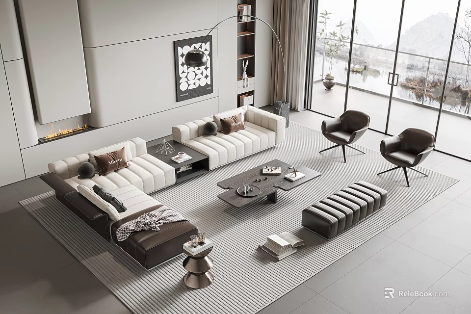 Modern Living Room Interior With Sectional Sofa Coffee Table Fireplace Wall Art And Large Windows 3d model 