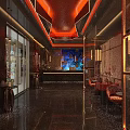Modern Shop Front Desk With Unique Ceiling Design Orange Seats And Decorative Lighting