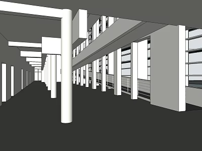 Office Building Corridor Interior With White Columns Long Windows And Ceiling Lights 3d model