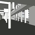 Office Building Corridor Interior With White Columns Long Windows And Ceiling Lights