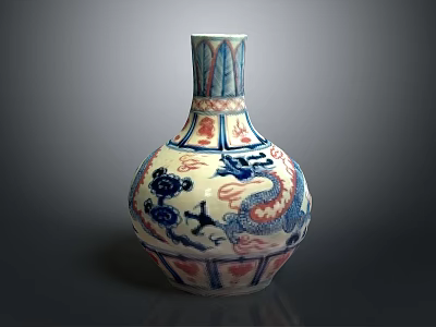 Antique Chinese Porcelain Vase With Dragon Pattern Blue White Red Decorative Home Decor 3d model