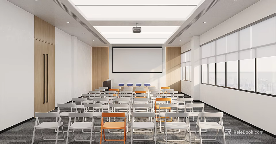 Modern Conference Room Interior Featuring Projection Screen Folding Chairs Multi Colored Seats And Large Windows 3d model 