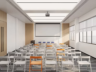 Modern Conference Room Interior Featuring Projection Screen Folding Chairs Multi Colored Seats And Large Windows 3d model