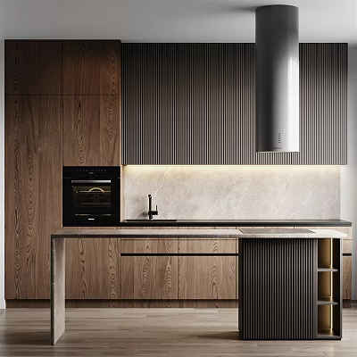 Stylish Modern Kitchen Featuring Wooden Cabinets Sleek Countertop And Range Hood Design 3d model