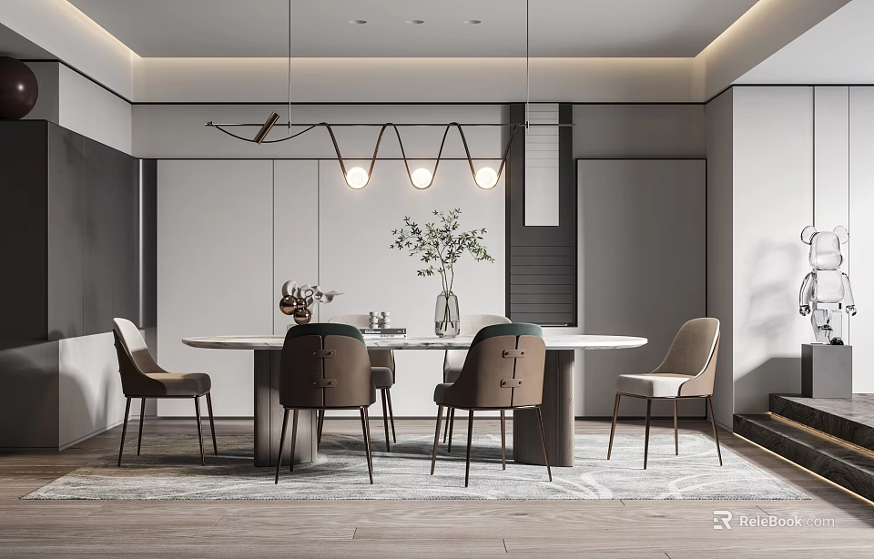 Modern Restaurant Interior With Round Dining Table Pendant Lights And Decorative Plants 3d model