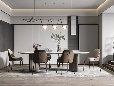 Modern Restaurant Interior With Round Dining Table Pendant Lights And Decorative Plants 3d model