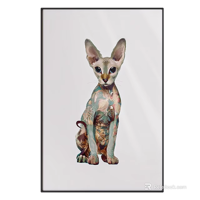 Animal Painting of Sphynx Cat with Colorful Tattoo on White Background in Black Frame 3d model 