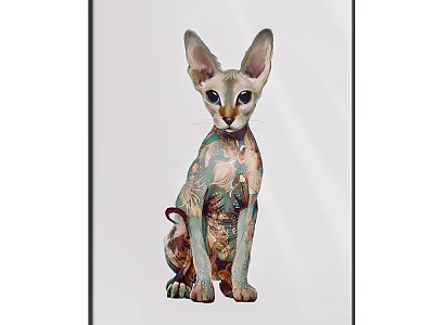 Animal Painting of Sphynx Cat with Colorful Tattoo on White Background in Black Frame 3d model