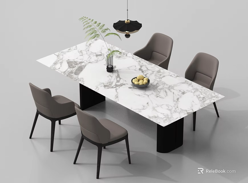 Modern Dining Table Set With Marble Tabletop Four Grey Chairs Fruit Bowl Black Pendant Light 3d model 