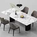 Modern Dining Table Set With Marble Tabletop Four Grey Chairs Fruit Bowl Black Pendant Light
