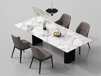 Modern Dining Table Set With Marble Tabletop Four Grey Chairs Fruit Bowl Black Pendant Light 3d model