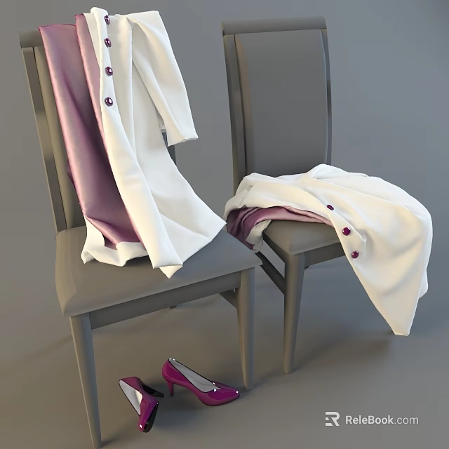White Clothing Draped On Gray Chairs With Purple Accents And Shoes 3d model 