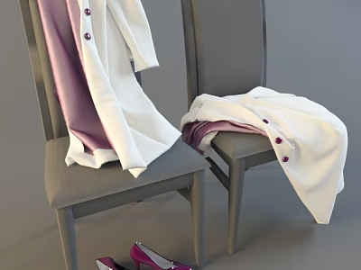 White Clothing Draped On Gray Chairs With Purple Accents And Shoes 3d model