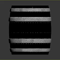 Cylindrical Black Wooden Barrel With Silver Metal Hoops And Riveted Design