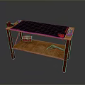 Dining Table With Black Table Mat Red Storage Box And Lower Wooden Shelf