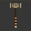 Fantasy War Hammer Design With Ornate Golden Head Red Accents And Wooden Handle