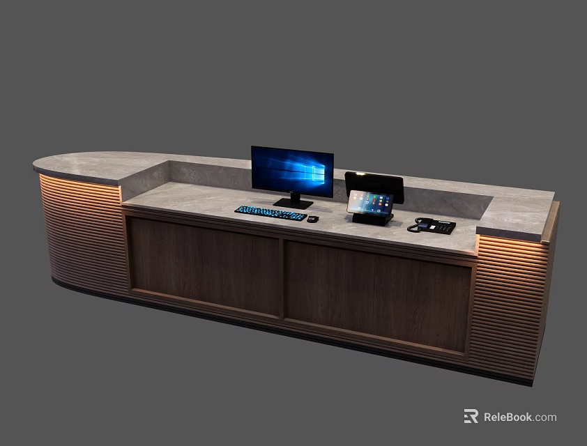 Modern Reception Desk with Wooden Cabinetry Stone Countertop and Computer Monitor 3d model 